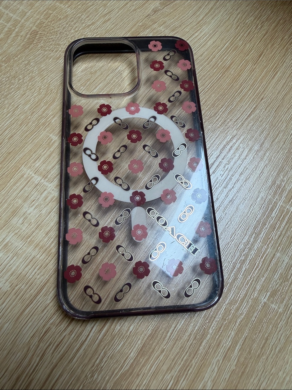 COACH Clear Floral Phone Case with Pink and Burgundy Flowers